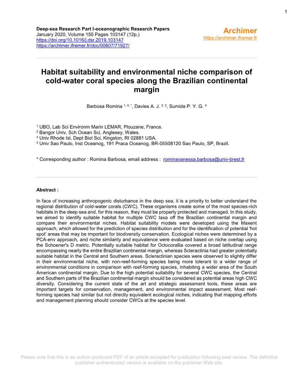 Habitat Suitability and Environmental Niche Comparison of Cold-Water Coral Species Along the Brazilian Continental Margin