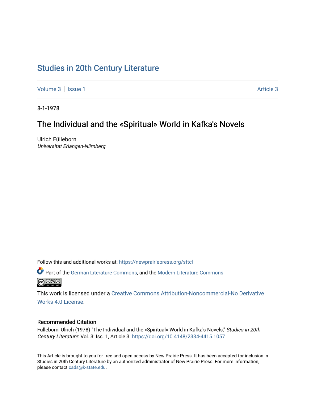 The Individual and the «Spiritual» World in Kafka's Novels