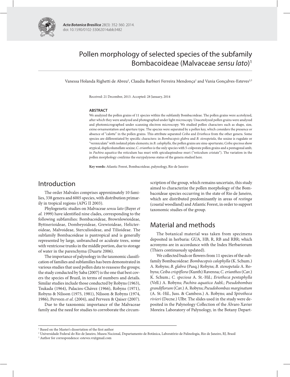 Pollen Morphology of Selected Species of the Subfamily Bombacoideae (Malvaceae Sensu Lato)1