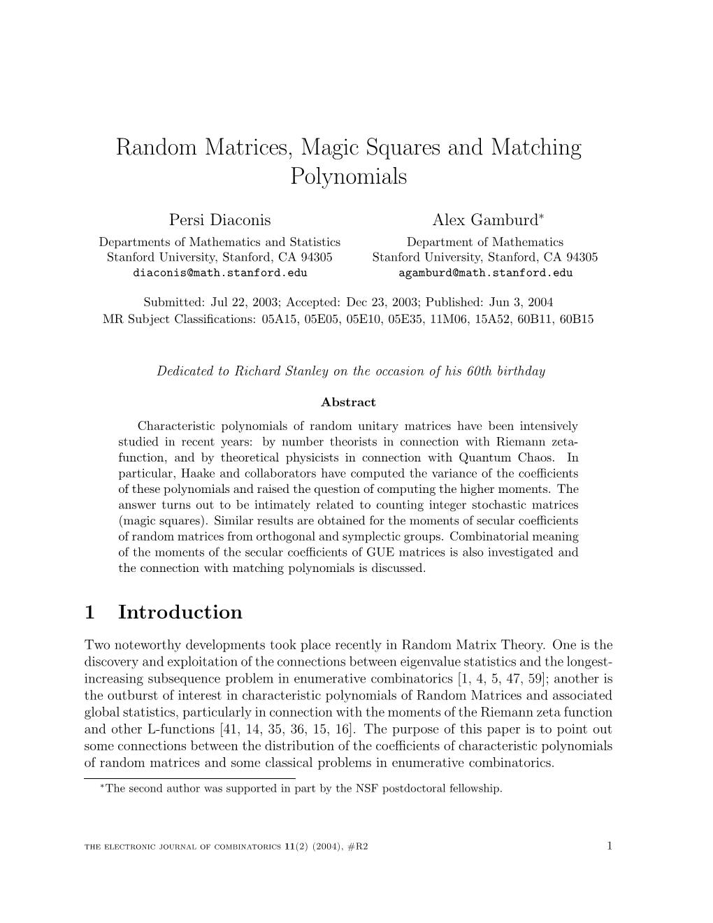 Random Matrices, Magic Squares and Matching Polynomials