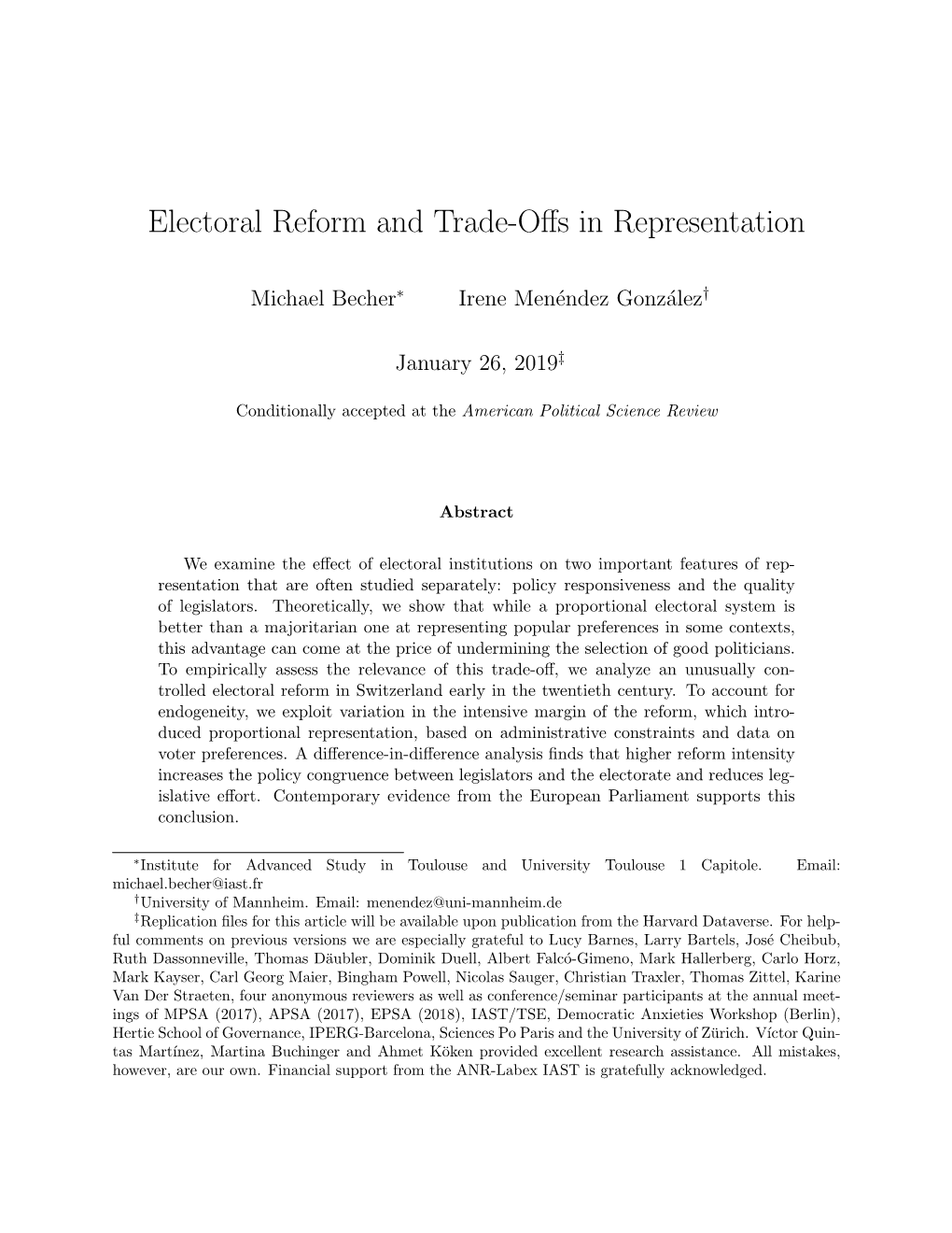 Electoral Reform and Trade-Offs in Representation