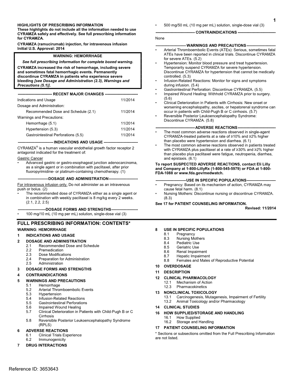 CYRAMZA (Ramucirumab) Injection Label