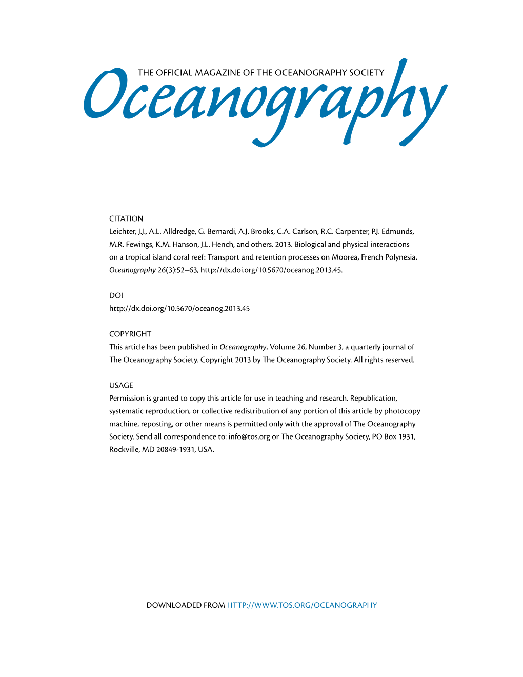 THE OFFICIAL Magazine of the OCEANOGRAPHY SOCIETY