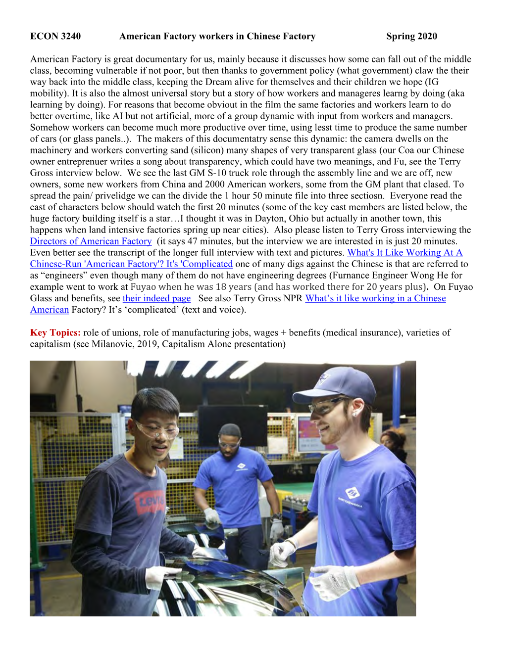 ECON 3240 American Factory Workers in Chinese Factory Spring 2020