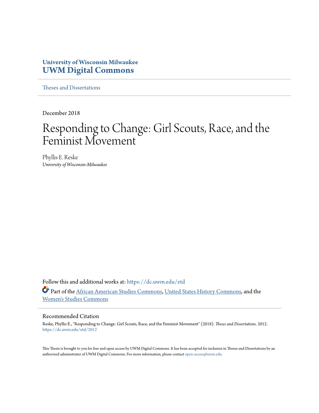 Responding to Change: Girl Scouts, Race, and the Feminist Movement Phyllis E