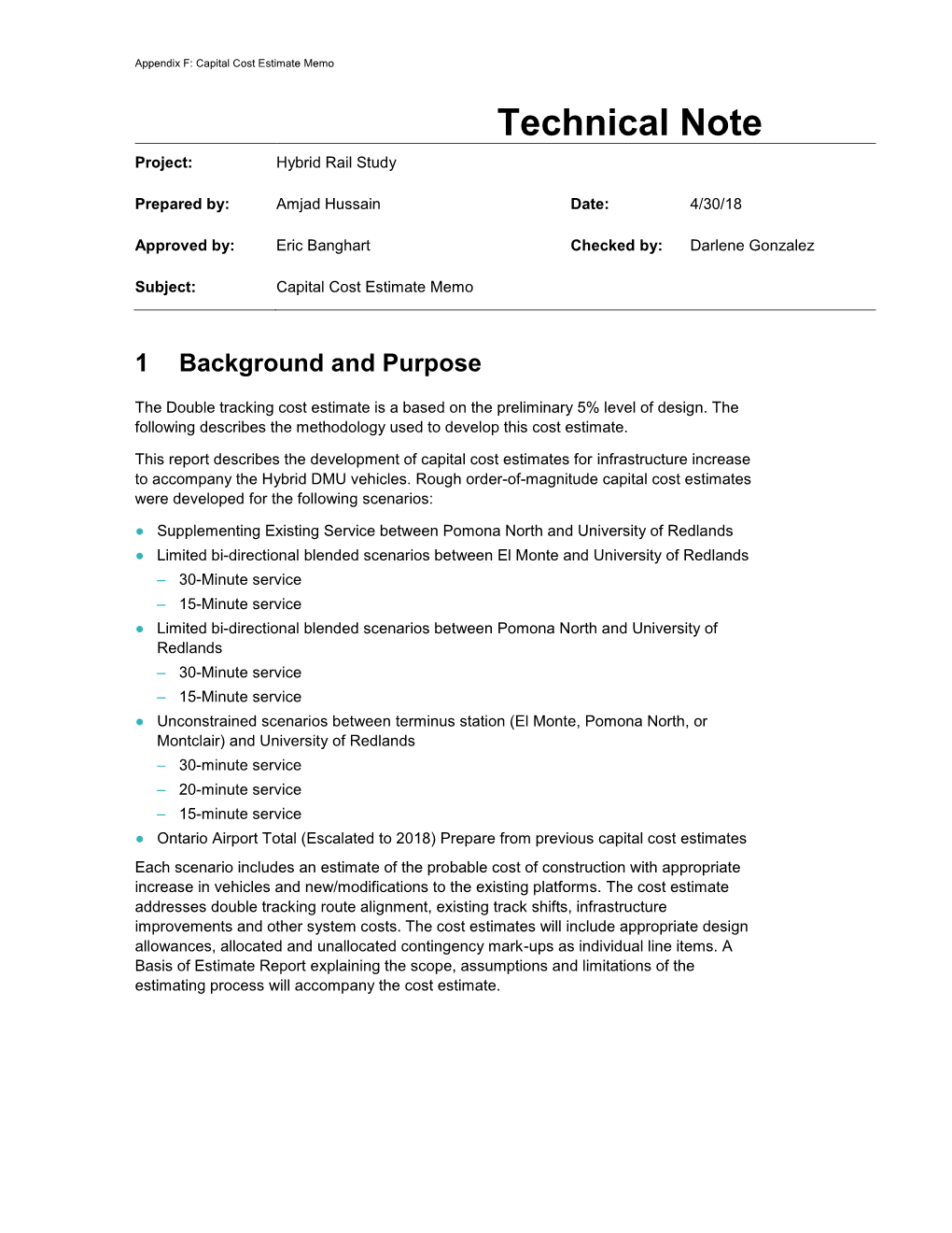 Capital Cost Estimate Memo Technical Note Project: Hybrid Rail Study