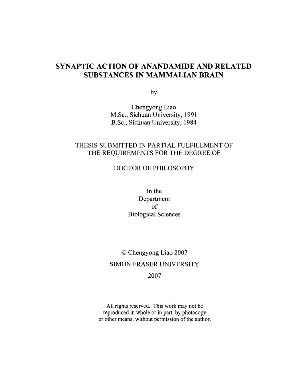 Synaptic Action of Anandamide and Related Substances in Mammalian Brain