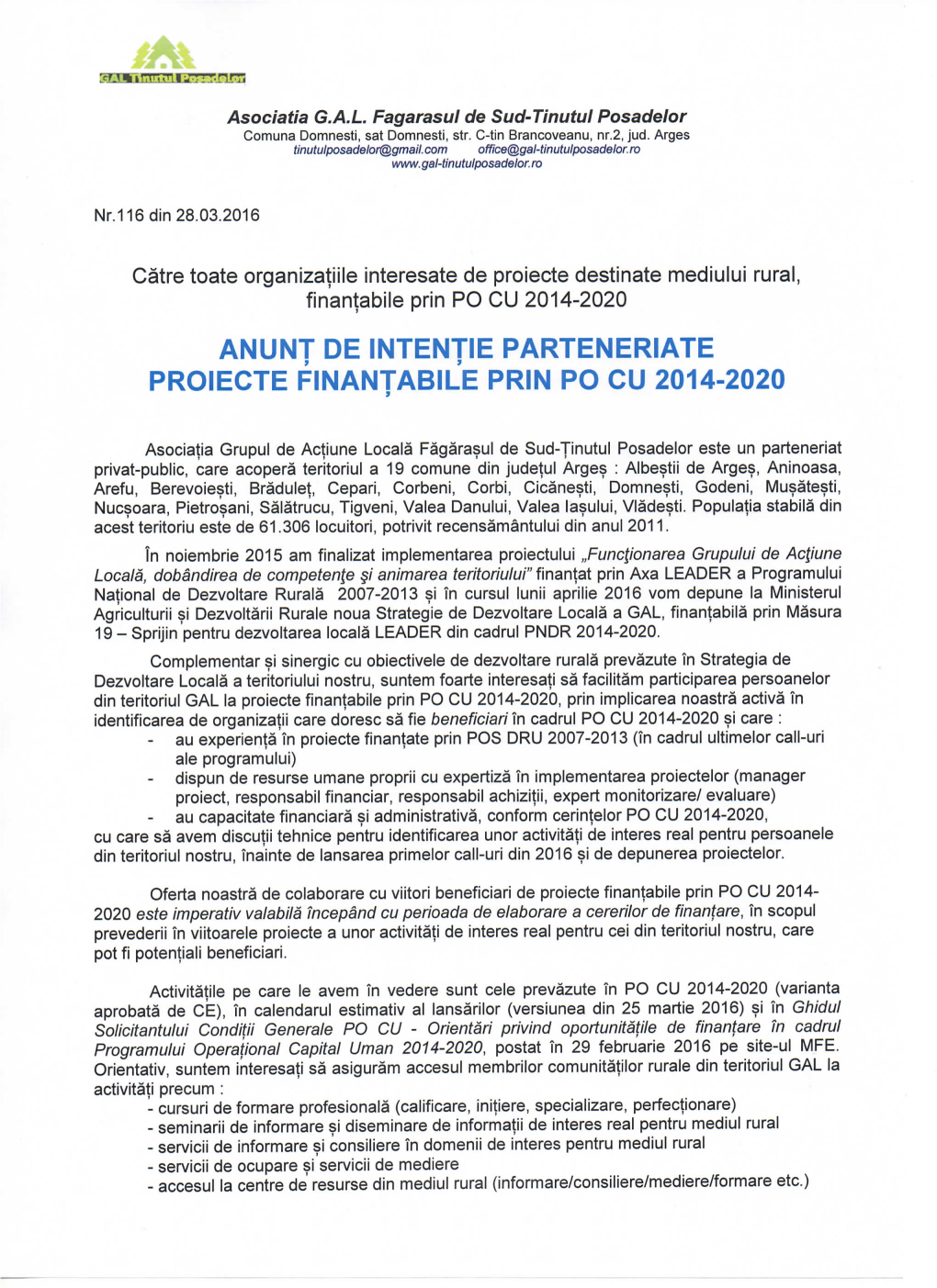Anunt De Intentie Parteneriate Proiecte Finantabile Prin Po Cu 2014-2020
