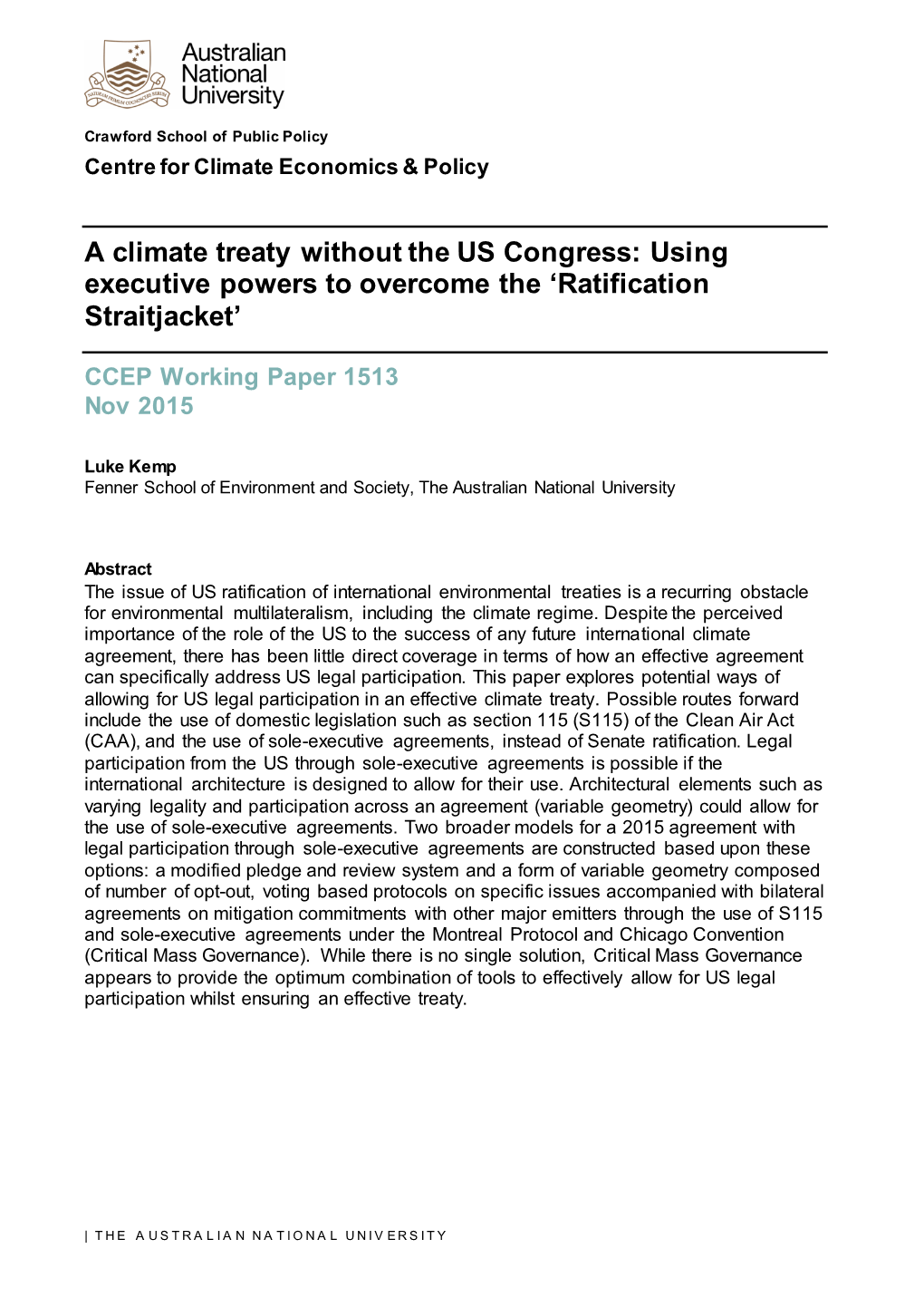 A Climate Treaty Without the US Congress: Using Executive Powers to Overcome the ‘Ratification Straitjacket’