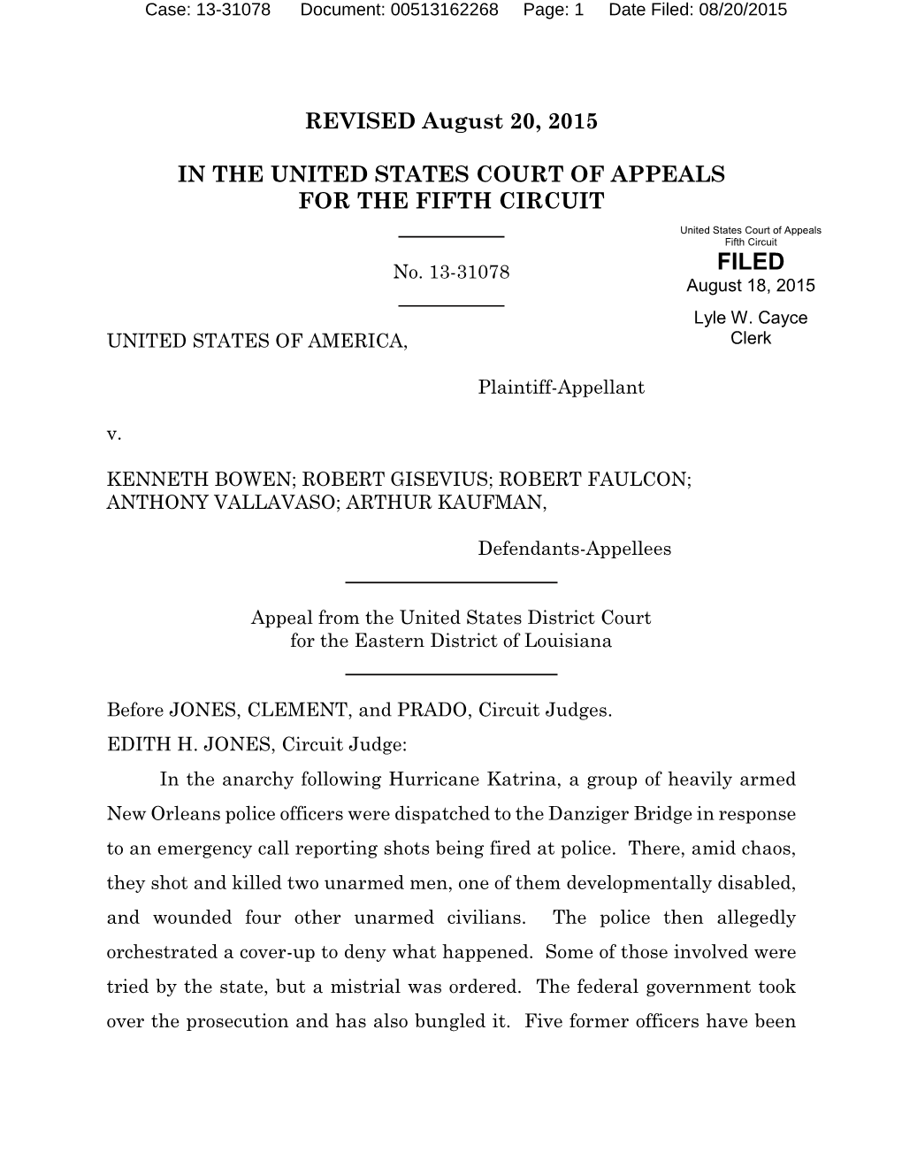 REVISED August 20, 2015 in the UNITED STATES COURT OF