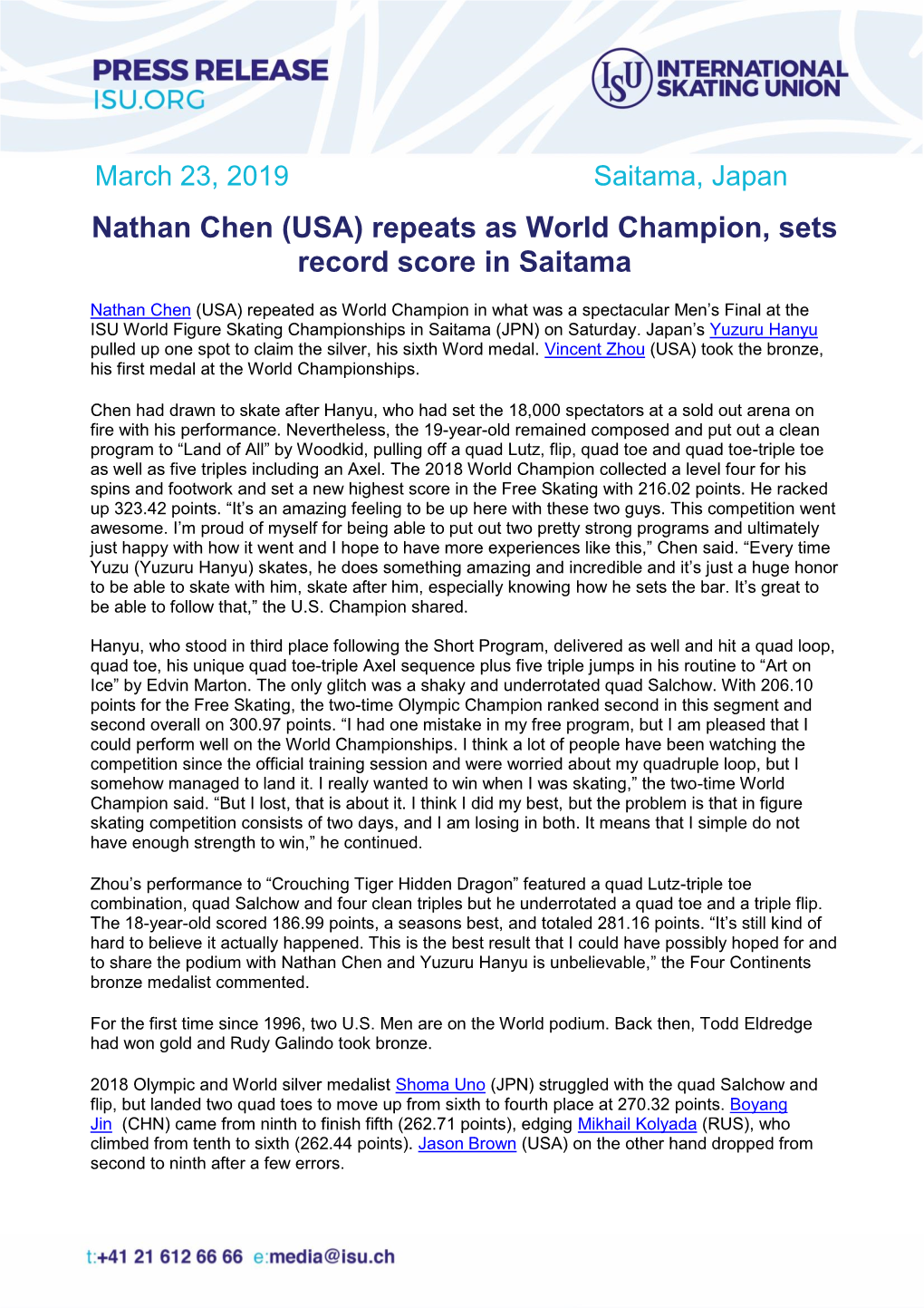 Nathan Chen (USA) Repeats As World Champion, Sets Record Score in Saitama