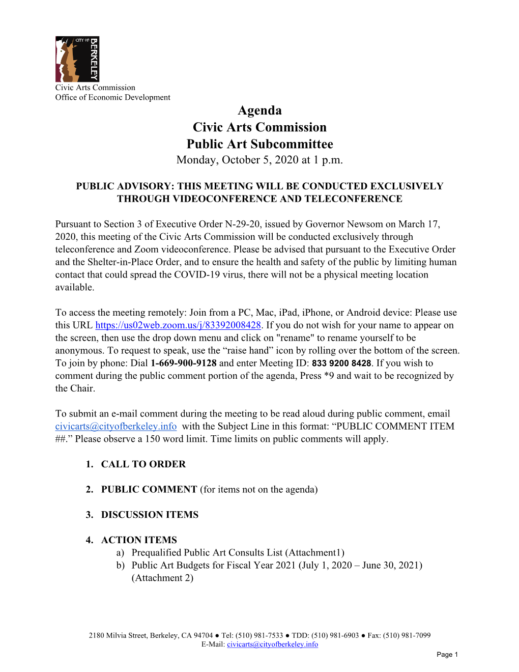 Agenda Civic Arts Commission Public Art Subcommittee Monday, October 5, 2020 at 1 P.M