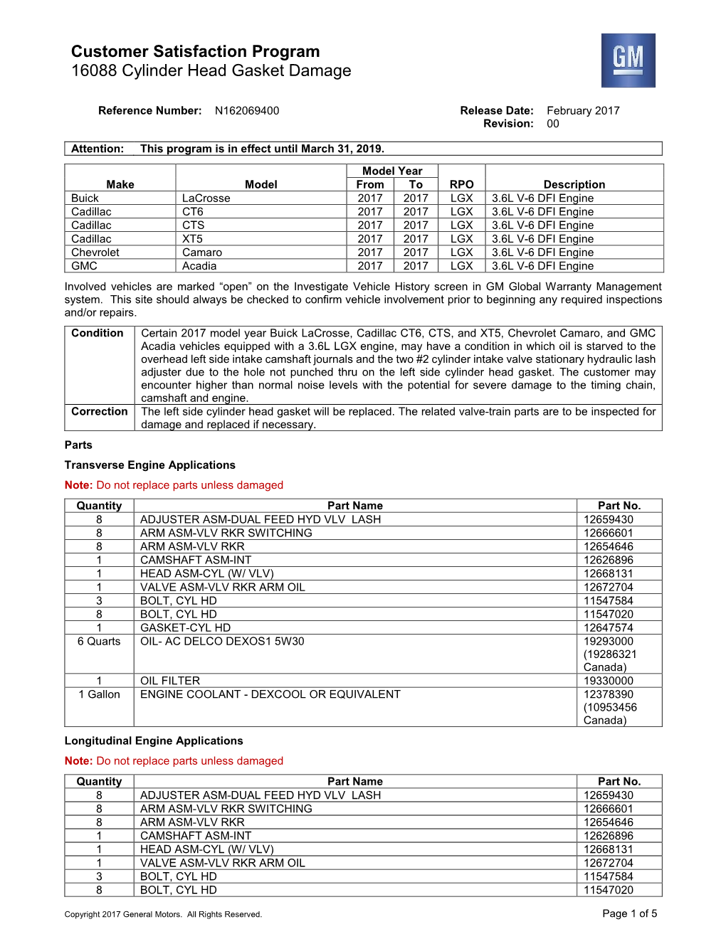 Customer Satisfaction Program 16088 Cylinder Head Gasket Damage