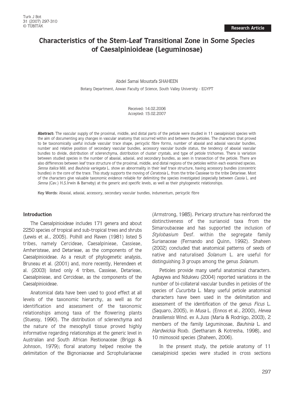 Characteristics of the Stem-Leaf Transitional Zone in Some Species of Caesalpinioideae (Leguminosae)