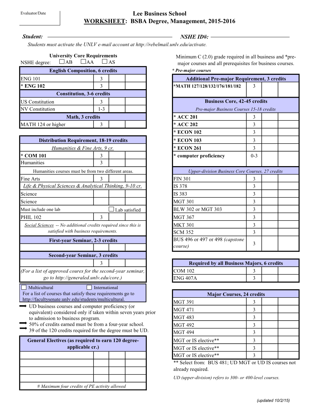 Lee Business School WORKSHEET: BSBA Degree, Management, 2015-2016