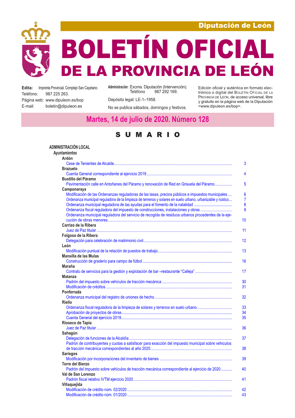 BOLETÍN OFICIAL DE LA PROVINCIA DE LEÓN Edita: Imprenta Provincial