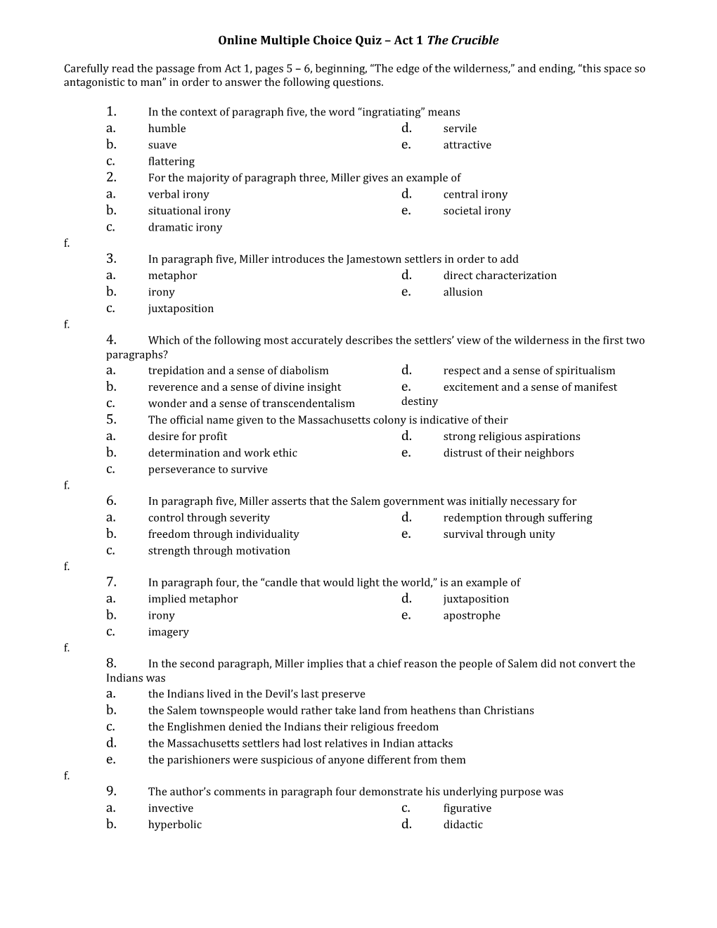 Online Multiple Choice Quiz Act 1 the Crucible