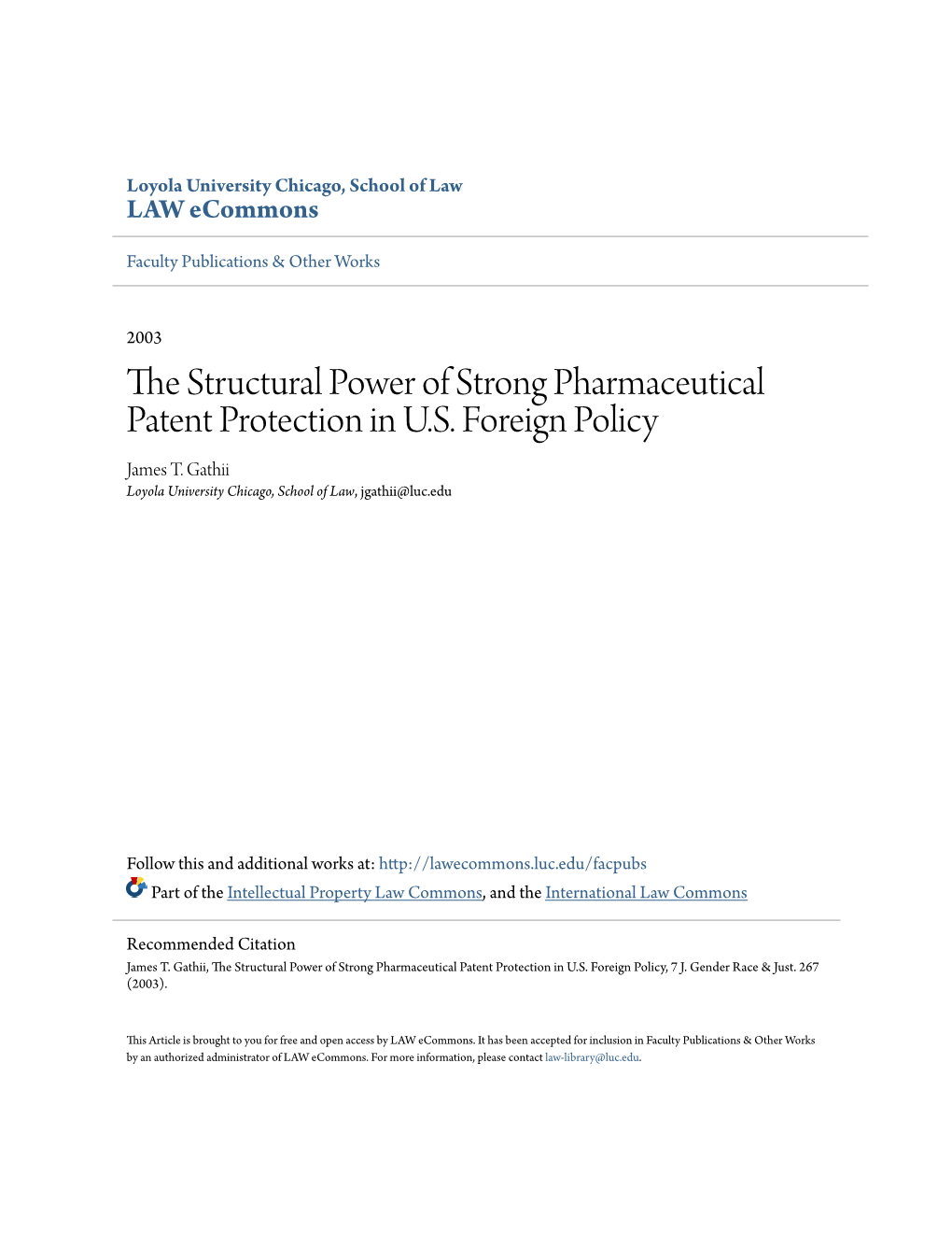 The Structural Power of Strong Pharmaceutical Patent Protection in U.S. Foreign Policy