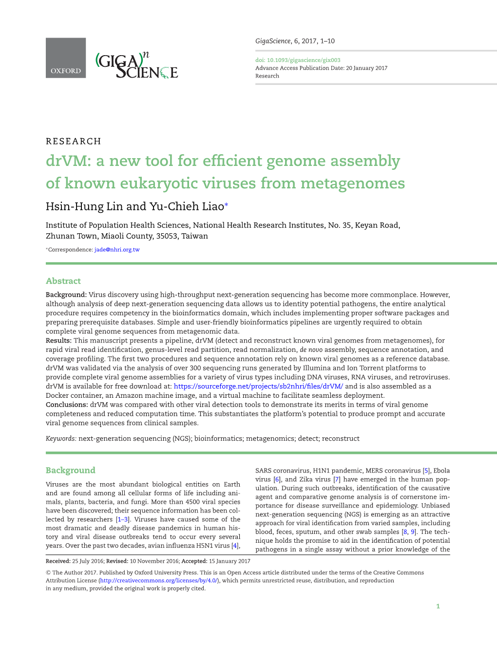 A New Tool for Efficient Genome Assembly of Known Eukaryotic Viruses from Metagenomes Hsin-Hung Lin and Yu-Chieh Liao∗