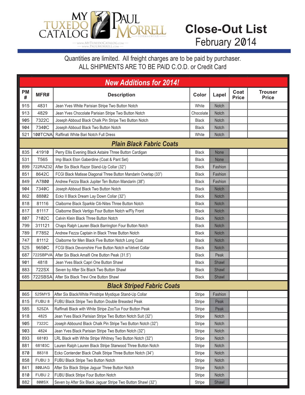 Close-Out List February 2014 Quantities Are Limited