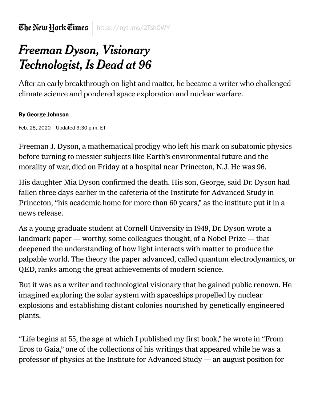 Freeman Dyson, Visionary Technologist, Is Dead