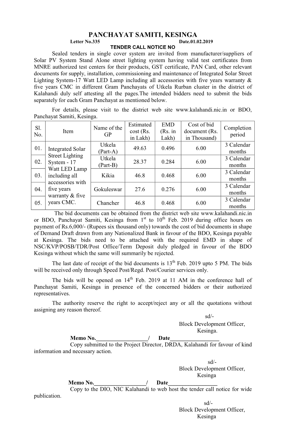 PANCHAYAT SAMITI, KESINGA Letter No.335 Date.01.02.2019