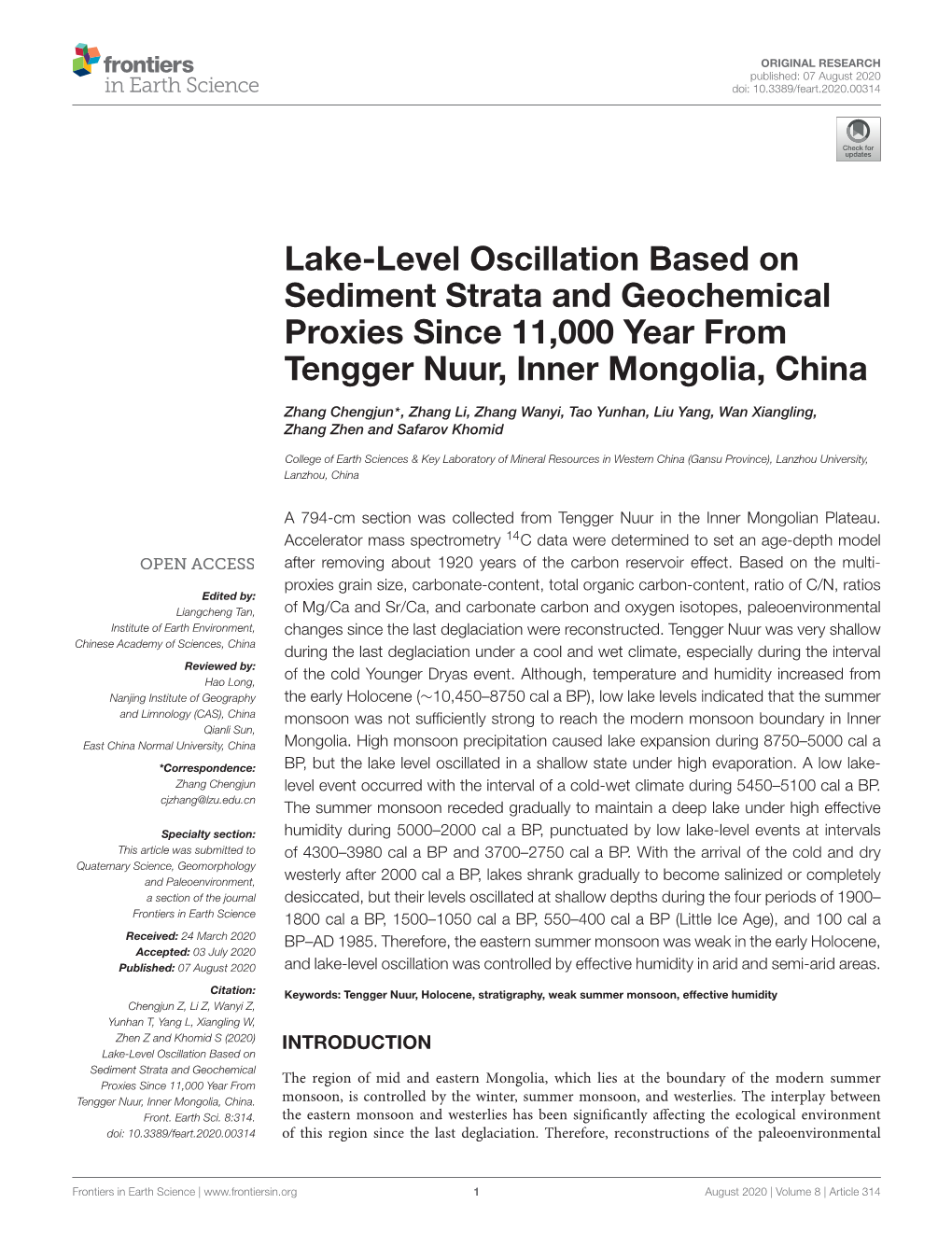 Lake-Level Oscillation Based on Sediment Strata and Geochemical Proxies Since 11,000 Year from Tengger Nuur, Inner Mongolia, China