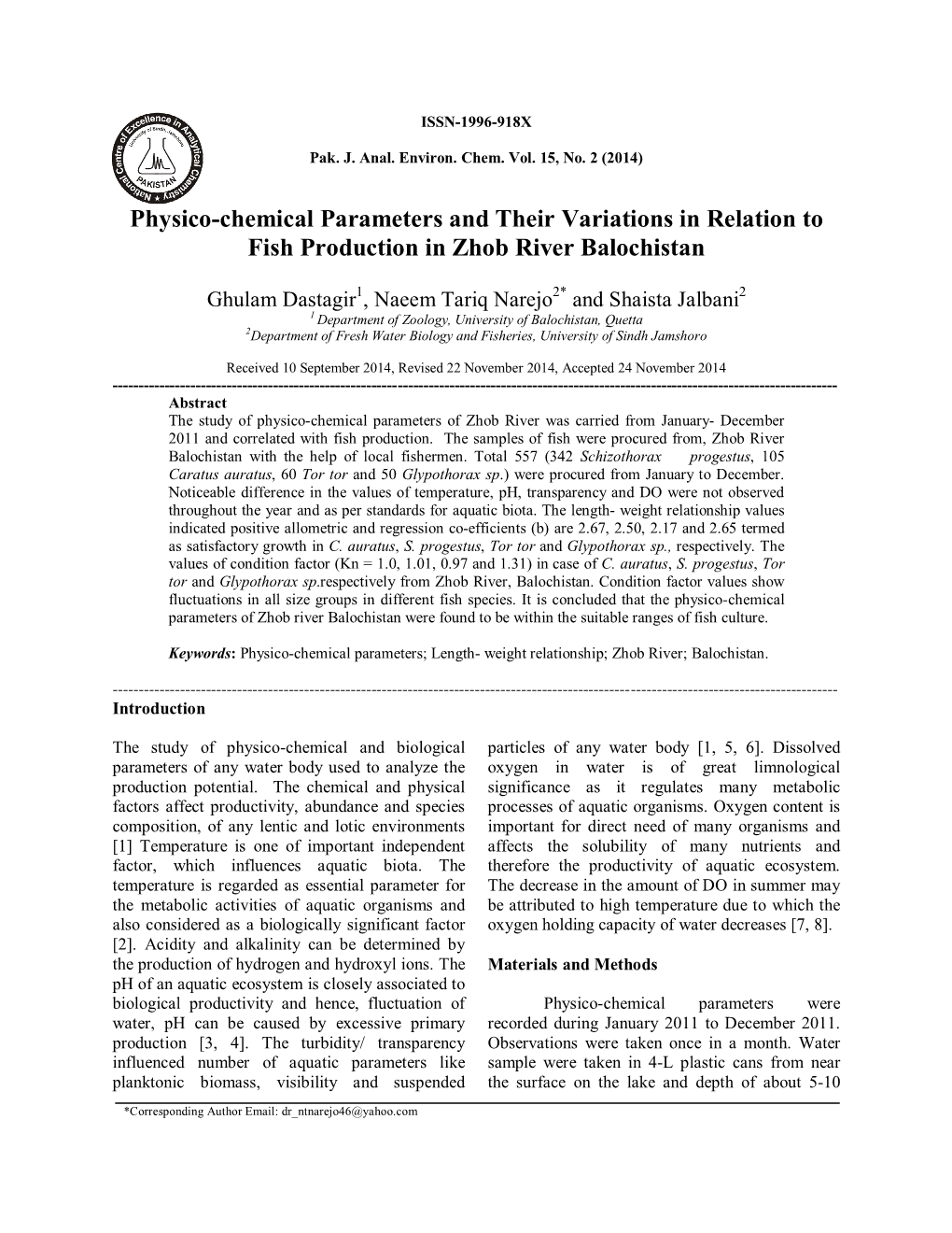 Physico-Chemical Parameters and Their Variations in Relation to Fish Production in Zhob River Balochistan