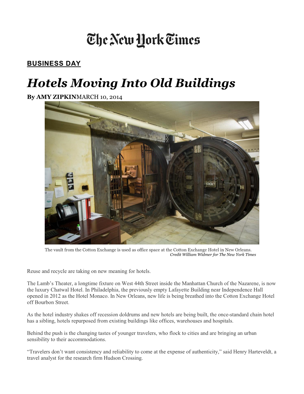 Hotels Moving Into Old Buildings by AMY ZIPKINMARCH 10, 2014