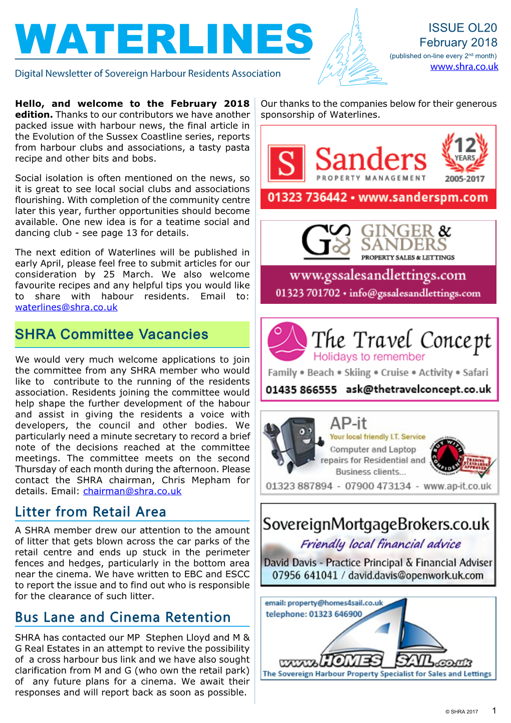 WATERLINES (Published On-Line Every 2Nd Month) Digital Newsletter of Sovereign Harbour Residents Association