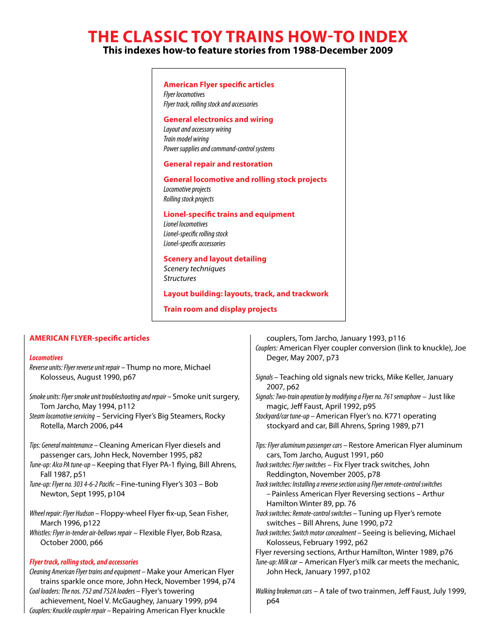 The Classic Toy Trains How-To Index This Indexes How-To Feature Stories from 1988-December 2009