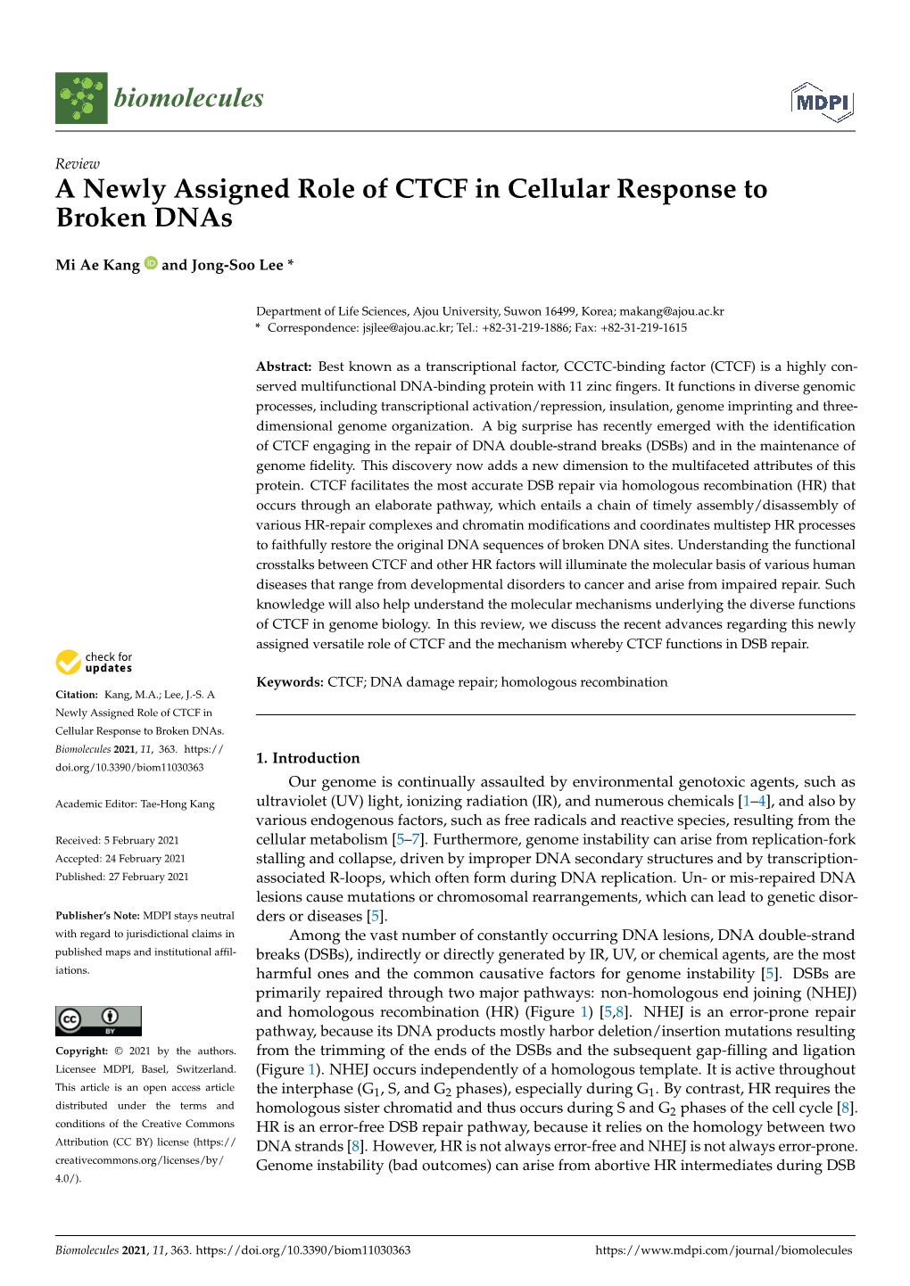 A Newly Assigned Role of CTCF in Cellular Response to Broken Dnas