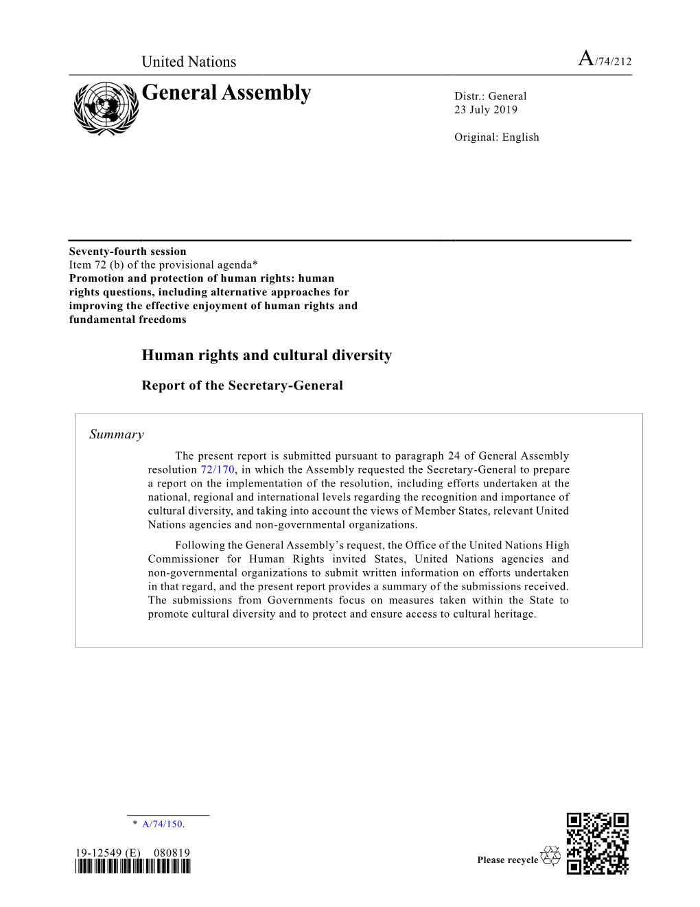 General Assembly Distr.: General 23 July 2019