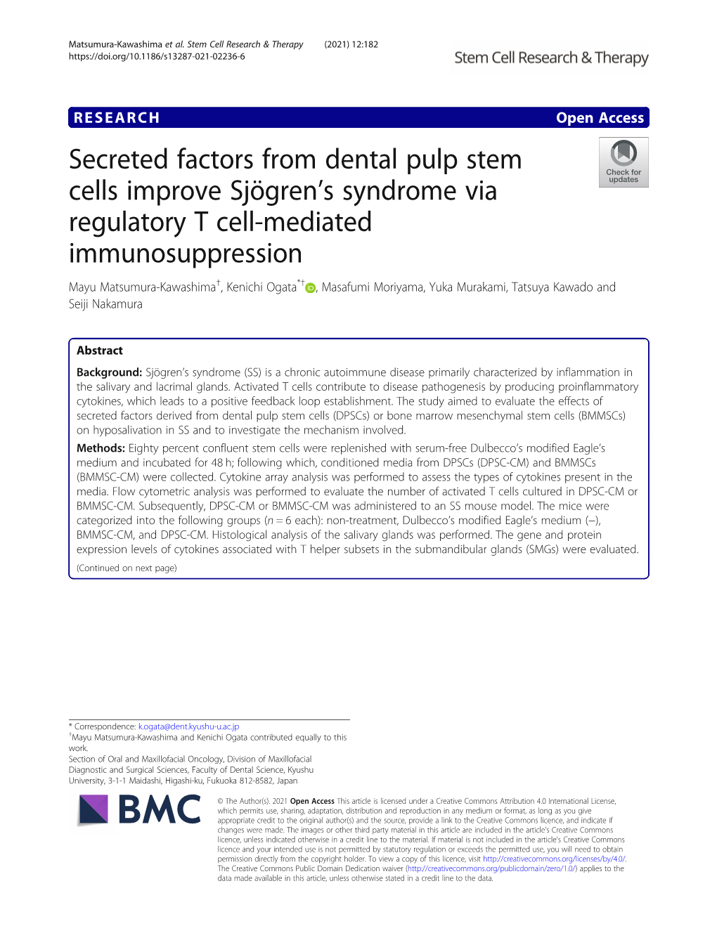 Secreted Factors from Dental Pulp Stem Cells Improve Sjögren's Syndrome Via Regulatory T Cell-Mediated Immunosuppression