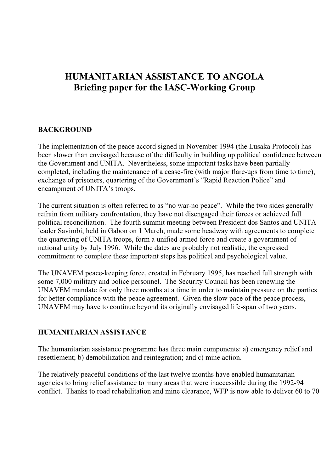 HUMANITARIAN ASSISTANCE to ANGOLA Briefing Paper for the IASC-Working Group