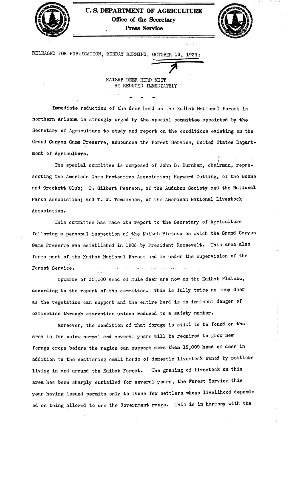 KAIBAB DEER HERD MUST BE REDUCED IMMEDIATELY -- October 13,1924