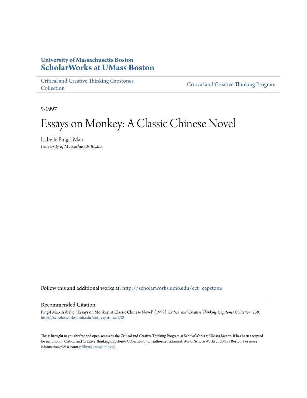 Essays on Monkey: a Classic Chinese Novel Isabelle Ping-I Mao University of Massachusetts Boston