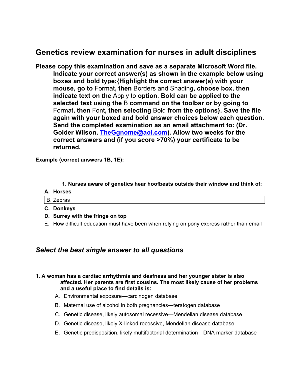 Genetics Review Examination for Nurses in Adult Disciplines