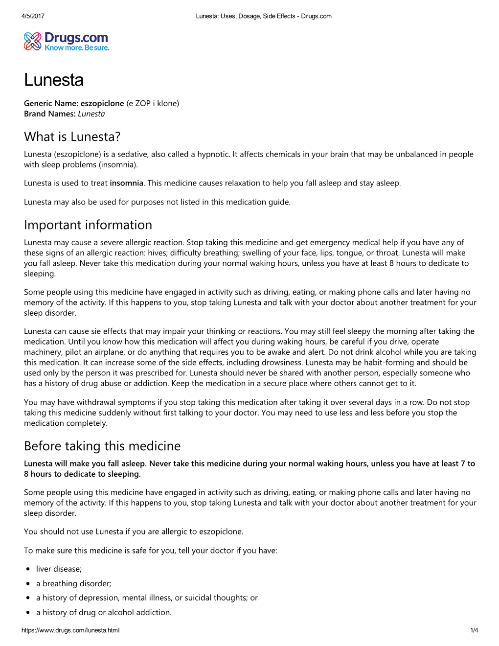 Lunesta: Uses, Dosage, Side Effects ­ Drugs.Com