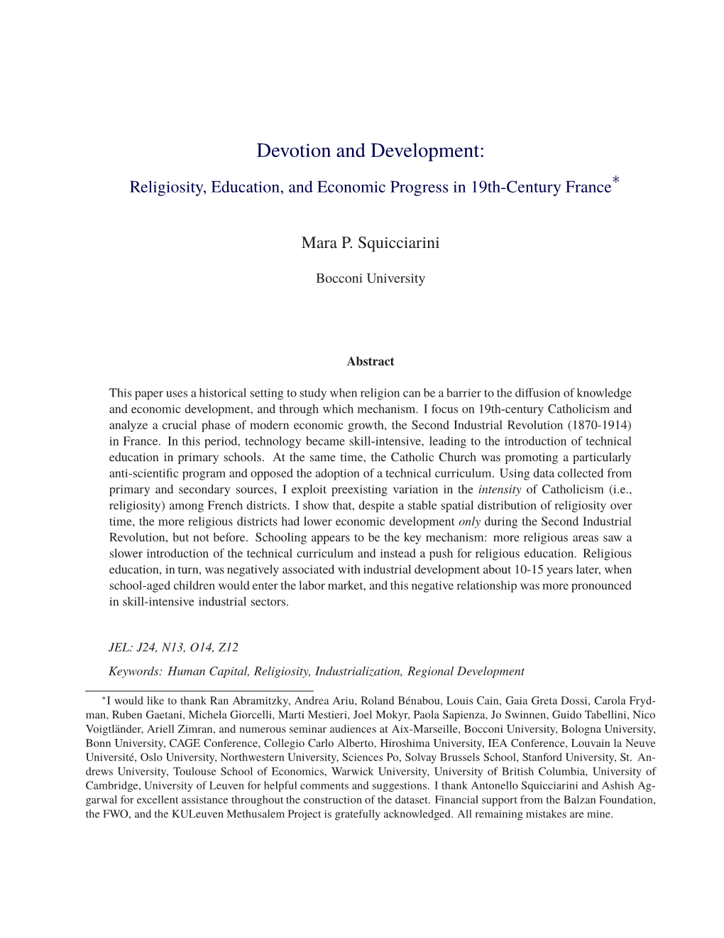 Devotion and Development: ∗ Religiosity, Education, and Economic Progress in 19Th-Century France