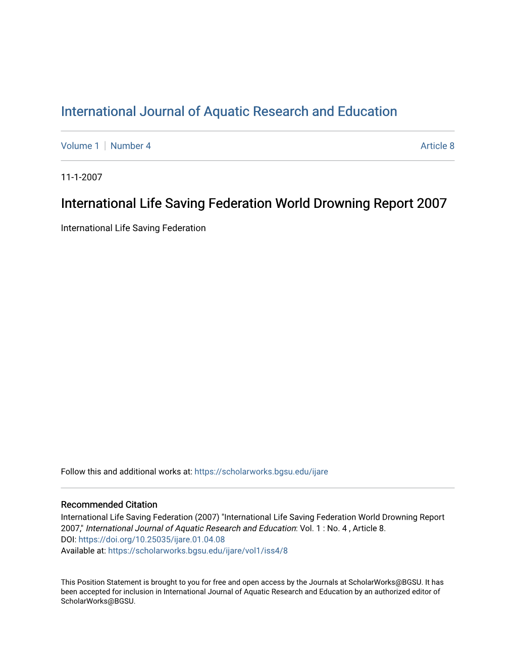 International Life Saving Federation World Drowning Report 2007