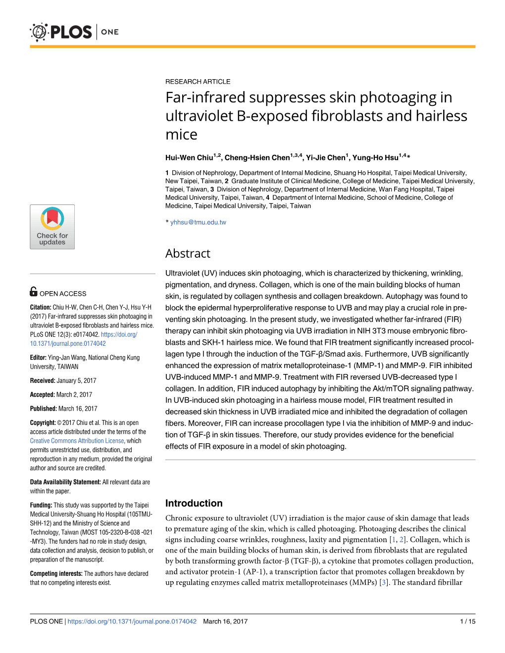 Far-Infrared Suppresses Skin Photoaging in Ultraviolet B-Exposed Fibroblasts and Hairless Mice