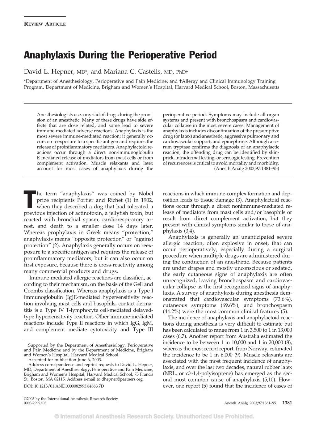 Anaphylaxis During the Perioperative Period