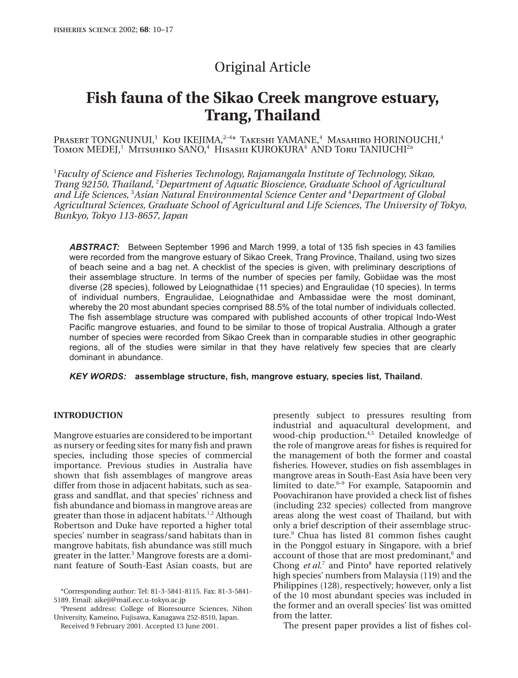 Fish Fauna of the Sikao Creek Mangrove Estuary, Trang, Thailand