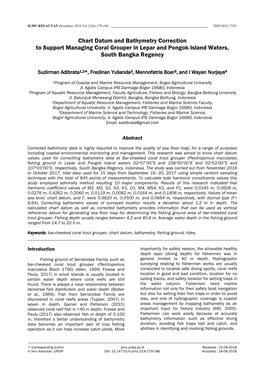 Chart Datum and Bathymetry Correction to Support Managing Coral Grouper in Lepar and Pongok Island Waters, South Bangka Regency