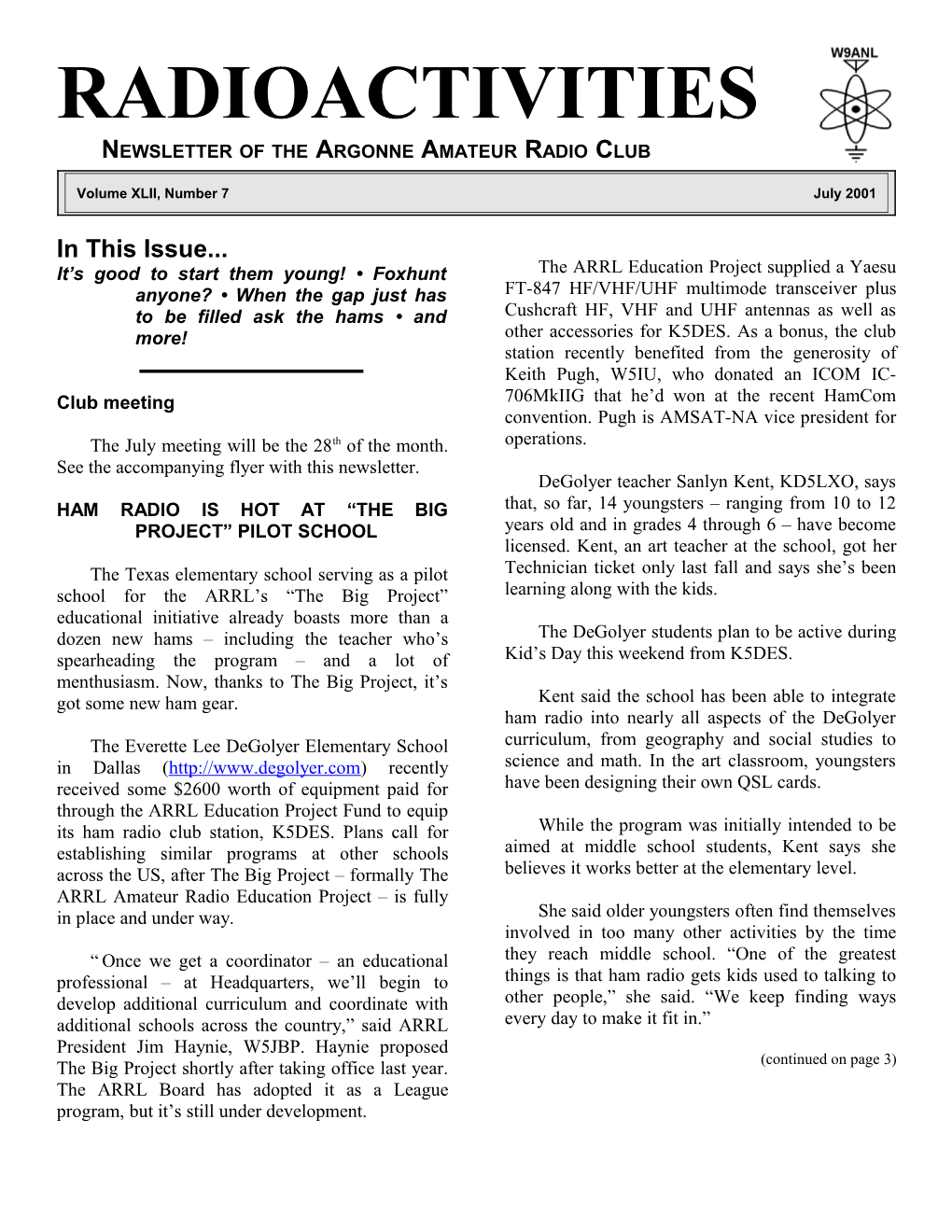 Newsletter of the Argonne Amateur Radio Club