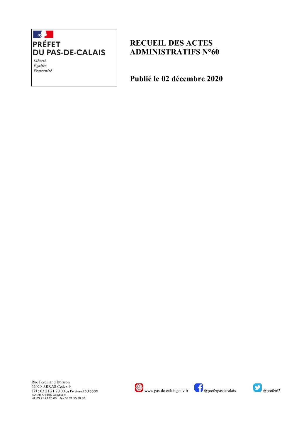 Recueil Des Actes Administratifs N°60 En Date Du 02 Décembre 2020