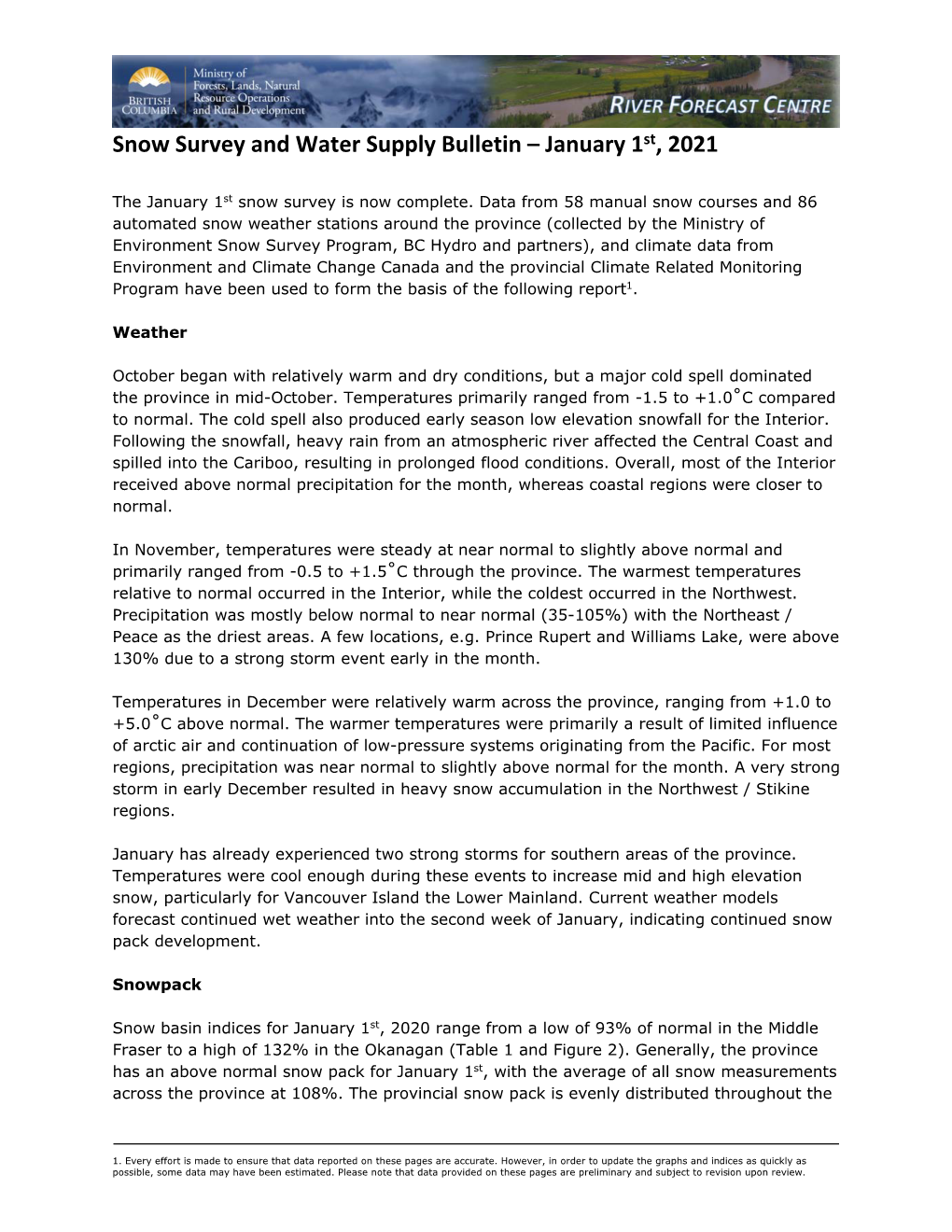 Snow Survey and Water Supply Bulletin – January 1St, 2021