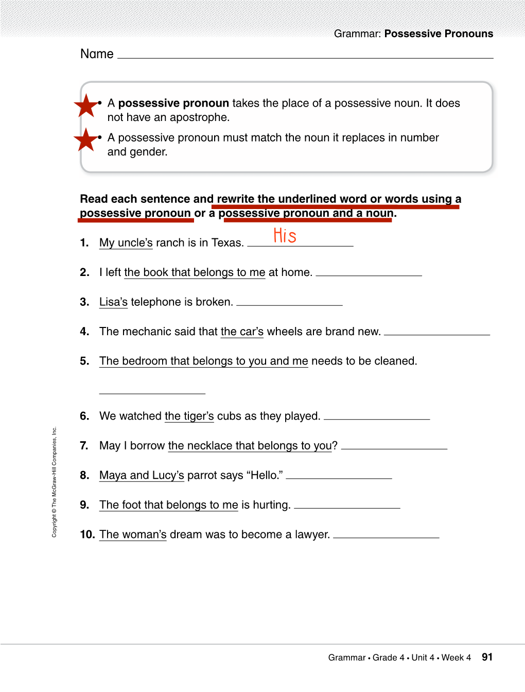 Read Each Sentence and Rewrite the Underlined Word Or Words Using a Possessive Pronoun Or a Possessive Pronoun and a Noun