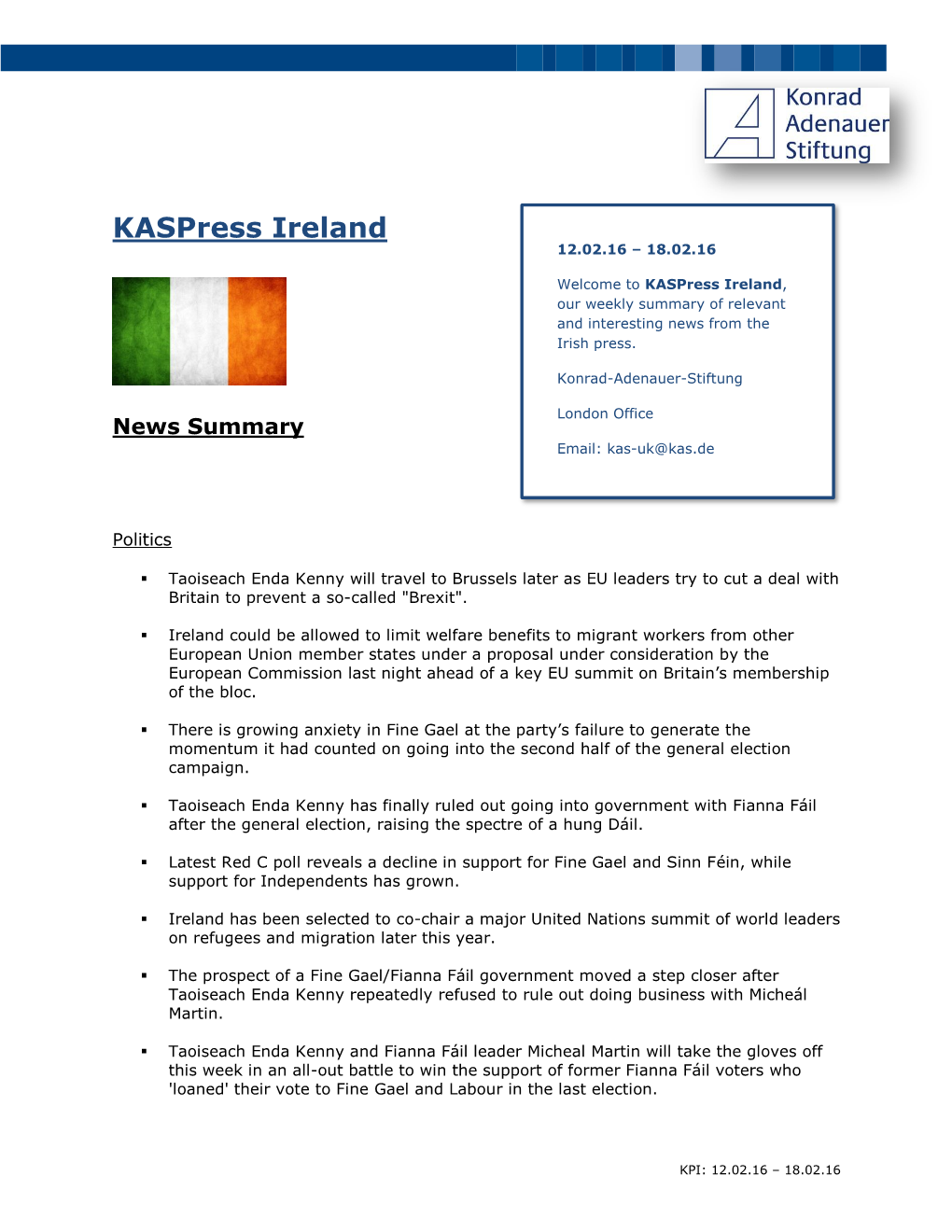 12.02.16 – 18.02.16 Welcome to Kaspress Ireland, Our Weekly Summary of Relevant and Interesting News from the Irish Press